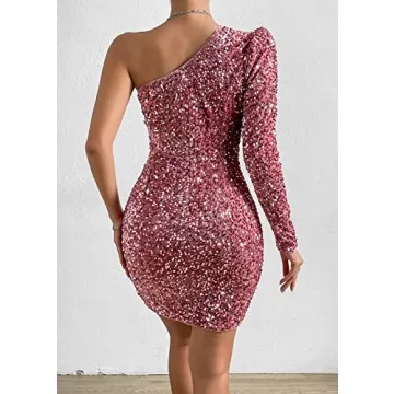 Feditch One Shoulder Sequin Dress for Parties and Club