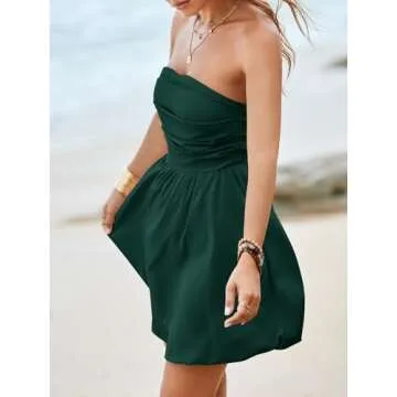 Wenrine Women's Sexy Strapless Summer Mini Dress Sleeveless Smocked A Lined Bubble Wedding Club Party Dress Dark Green