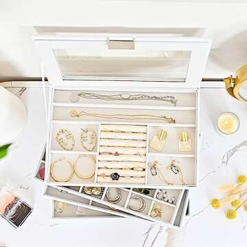 ProCase 5 Layers Stackable Jewelry Tray Box, Stackers Jewelry Trays for Dresser Drawer Storage, Jewelry Organizer Case with Lid -White