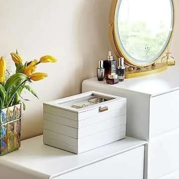 ProCase 5 Layers Stackable Jewelry Tray Box, Stackers Jewelry Trays for Dresser Drawer Storage, Jewelry Organizer Case with Lid -White