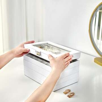 ProCase 5 Layers Stackable Jewelry Tray Box, Stackers Jewelry Trays for Dresser Drawer Storage, Jewelry Organizer Case with Lid -White