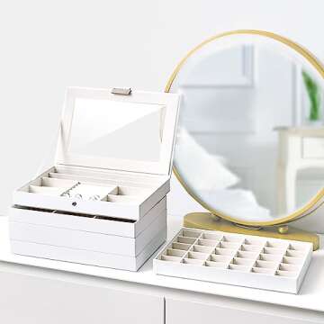 ProCase 5 Layers Stackable Jewelry Tray Box, Stackers Jewelry Trays for Dresser Drawer Storage, Jewelry Organizer Case with Lid -White