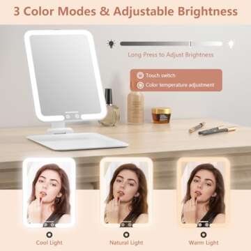 wobsion Rechargeable Travel Makeup Mirror with Lights, LED Portable Vanity Mirror with 3 Color Modes, Folding Mirrors for Women, 1500mAh, White