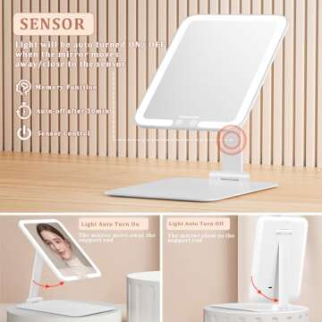 wobsion Rechargeable Travel Makeup Mirror with Lights, LED Portable Vanity Mirror with 3 Color Modes, Folding Mirrors for Women, 1500mAh, White