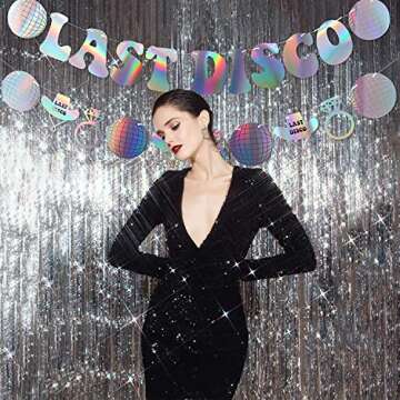 Last Disco Banner Bachelorette Party Decorations, Iridescent Silver Last Disco Banner for Western Co...