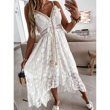 CUPSHE Women's Summer Dresses Sleeveless Lace Casual Tassel Beach Spaghetti Straps Flowy Maxi Sun Dress White, XS