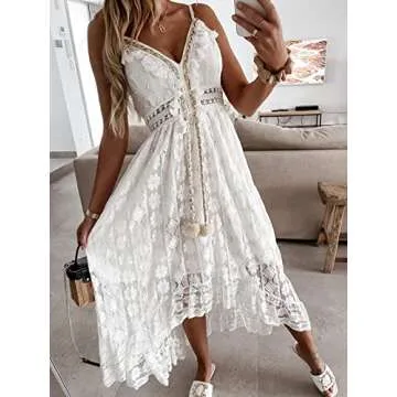 CUPSHE Women's Summer Dresses Sleeveless Lace Casual Tassel Beach Spaghetti Straps Flowy Maxi Sun Dress White, XS
