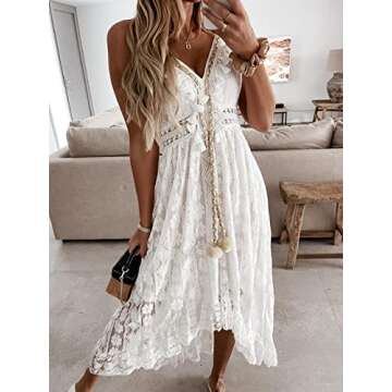 CUPSHE Women's Summer Dresses Sleeveless Lace Casual Tassel Beach Spaghetti Straps Flowy Maxi Sun Dress White, XS