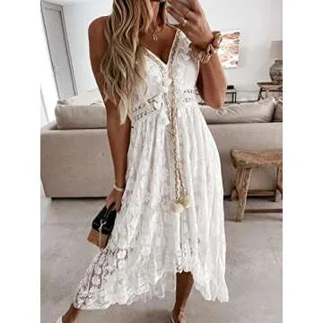 CUPSHE Women's Summer Dresses Sleeveless Lace Casual Tassel Beach Spaghetti Straps Flowy Maxi Sun Dress White, XS