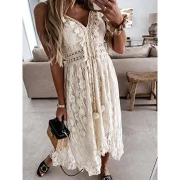 CUPSHE Women's Summer Dresses Sleeveless Lace Casual Tassel Beach Spaghetti Straps Flowy Maxi Sun Dress White, XS