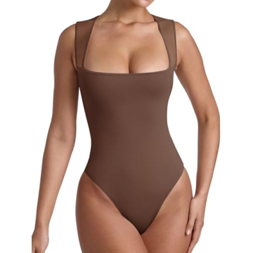 REORIA Sexy Square Neck Mesh Bodysuit for Women