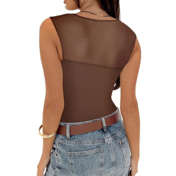 REORIA Sexy Square Neck Mesh Bodysuit for Women