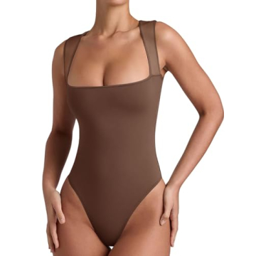 REORIA Sexy Square Neck Mesh Bodysuit for Women