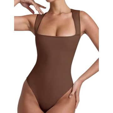 REORIA Sexy Square Neck Mesh Bodysuit for Women
