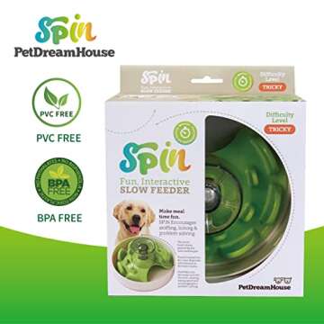 PetDreamHouse Spin Interactive Slow Feeder Bowl for Dogs - UFO Green - Skill Level: Tricky - Fun and Healthy Feeding with Movable, Adjustable Center Puzzle Piece for All Dogs and Food Types
