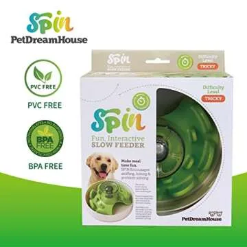 PetDreamHouse Spin Interactive Slow Feeder Bowl for Dogs - UFO Green - Skill Level: Tricky - Fun and Healthy Feeding with Movable, Adjustable Center Puzzle Piece for All Dogs and Food Types