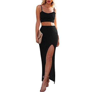 Chic Women's Knit Cami Crop Top with Side Slit Midi Skirt Outfit