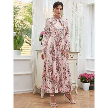 ESAAH Women's Fashion Dress 2022 Tie Neck Allover Floral -line Dress Fashion Beauty Unique Comfortable Charming (Color : Baby Pink, Size : X-Large)