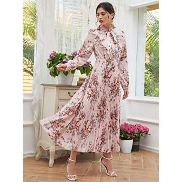 ESAAH Women's Fashion Dress 2022 Tie Neck Allover Floral -line Dress Fashion Beauty Unique Comfortable Charming (Color : Baby Pink, Size : X-Large)