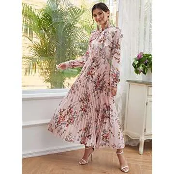 ESAAH Women's Fashion Dress 2022 Tie Neck Allover Floral -line Dress Fashion Beauty Unique Comfortable Charming (Color : Baby Pink, Size : X-Large)