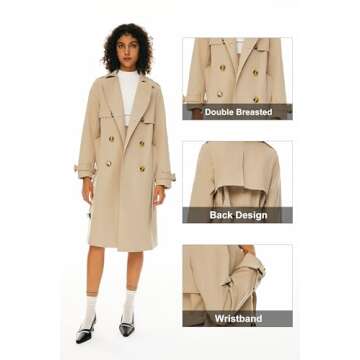 Orolay Women's 3/4 Length Double Breasted Trench Coat Lapel Jacket with Belt Green M
