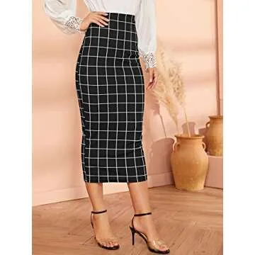 Verdusa Women's Elegant Plaid Elastic Waist Bodycon Midi Skirt Black M