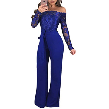 Ophestin Women Sexy Off Shoulder Floral Lace Long Sleeve Bodycon Wide Leg Jumpsuits Rompers with Bel...
