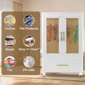 QudraKast Pet Wardrobe Closet, Dog Closet - Stackable Storage Bins with Doors, Wheels, and Hanging Rods - Stackable Drawers Closet - Pet Accessories, Dog Toys, Pet Clothes