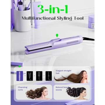 Wavytalk Airflow Styler Curling Iron with 360° Cooling Air, Hair Straightener and Curler 2 in 1, Adjustable Temp. for All Hair Types, Lock in Curls Quicker, Dual Voltage, Purple