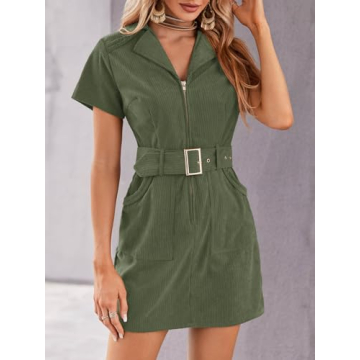 Women's Corduroy Mini Dress Short Sleeve Lapel Zip Up Belted Cowgirl Dresses with Pockets