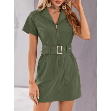 Women's Corduroy Mini Dress Short Sleeve Lapel Zip Up Belted Cowgirl Dresses with Pockets