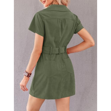 Women's Corduroy Mini Dress Short Sleeve Lapel Zip Up Belted Cowgirl Dresses with Pockets