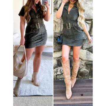 Women's Corduroy Mini Dress Short Sleeve Lapel Zip Up Belted Cowgirl Dresses with Pockets