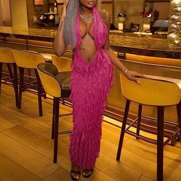 SHESEEWORLD Women's Sexy Sleeveless Halter Deep Plunge V Neck Backless Ruffled Party Cocktail Bodyco...