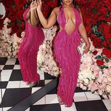 SHESEEWORLD Women's Sexy Sleeveless Halter Deep Plunge V Neck Backless Ruffled Party Cocktail Bodycon Maxi Dress Rose Red