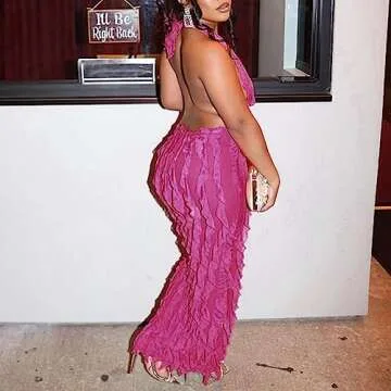 SHESEEWORLD Women's Sexy Sleeveless Halter Deep Plunge V Neck Backless Ruffled Party Cocktail Bodycon Maxi Dress Rose Red