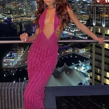 SHESEEWORLD Women's Sexy Sleeveless Halter Deep Plunge V Neck Backless Ruffled Party Cocktail Bodycon Maxi Dress Rose Red