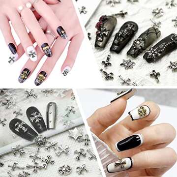 CAMLO 3D Chrome Metal Silver Nail Charms Vintage Gothic Retro Punk Hearts Cross Skulls Mixed Shapes ...