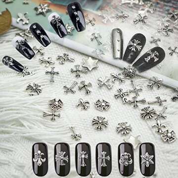 CAMLO 3D Chrome Metal Silver Nail Charms Vintage Gothic Retro Punk Hearts Cross Skulls Mixed Shapes for Manicure Craft DIY Nail Art Decoration Accessories