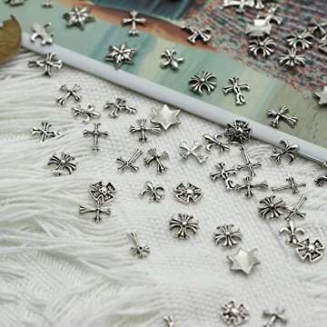 CAMLO 3D Chrome Metal Silver Nail Charms Vintage Gothic Retro Punk Hearts Cross Skulls Mixed Shapes for Manicure Craft DIY Nail Art Decoration Accessories