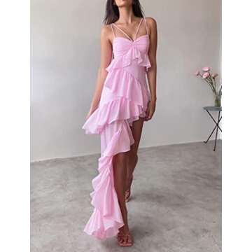 Juakoso Women Y2k Spaghetti Strap Maxi Dress Low Cut Ruffle Cami Long Dress Open Back Bodycon Dress Going Out Streetwear E-Pink