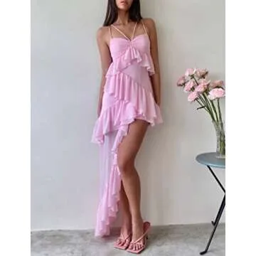 Juakoso Women Y2k Spaghetti Strap Maxi Dress Low Cut Ruffle Cami Long Dress Open Back Bodycon Dress Going Out Streetwear E-Pink