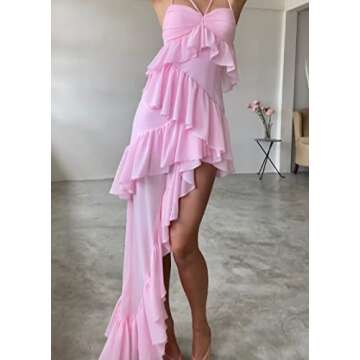 Juakoso Women Y2k Spaghetti Strap Maxi Dress Low Cut Ruffle Cami Long Dress Open Back Bodycon Dress Going Out Streetwear E-Pink