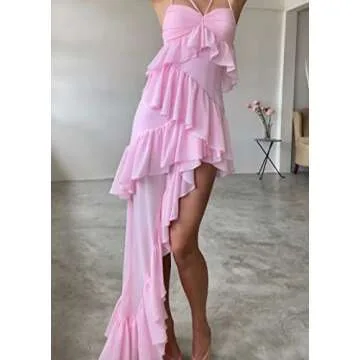 Juakoso Women Y2k Spaghetti Strap Maxi Dress Low Cut Ruffle Cami Long Dress Open Back Bodycon Dress Going Out Streetwear E-Pink