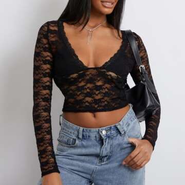 Y2K Inspired Women Deep V Neck Lace Crop Top
