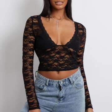 Y2K Inspired Women Deep V Neck Lace Crop Top