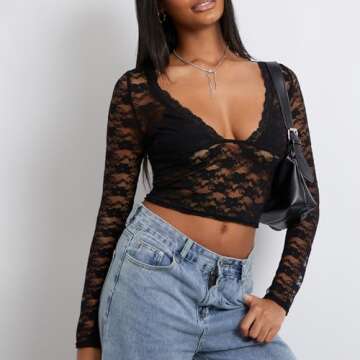 Y2K Inspired Women Deep V Neck Lace Crop Top