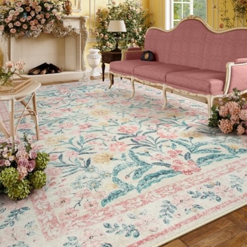 Lahome Boho Pink and White Area Rugs 9x12 Living Room, Washable Floral Large Area Rugs for Bedroom, ...