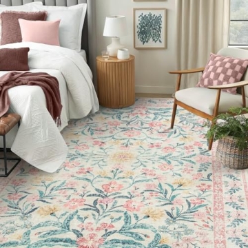 Lahome Pink and White Area Rug Soft Washable Design