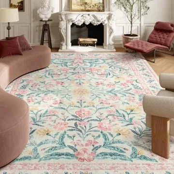 Lahome Pink and White Area Rug Soft Washable Design